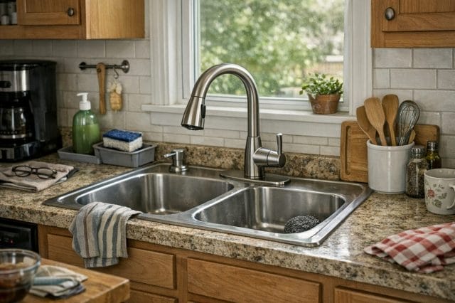 A photorealistic wide shot of a tidy everyday kitchen featuring a stainless steel sink and newly replaced brushed nickel faucet, subtle signs of normal home use, natural daylight, realistic textures on countertop and cabinets, clean but lived in atmosphere.