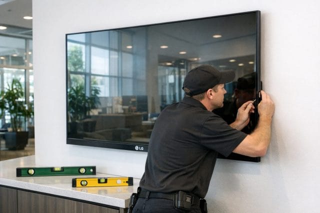 A photorealistic image of a modern commercial space with an LG digital signage display mounted on a clean wall, a technician carefully adjusting the screen alignment, visible spirit level tools nearby, bright natural lighting, realistic reflections on the display, professional installation environment, not AI generated.
