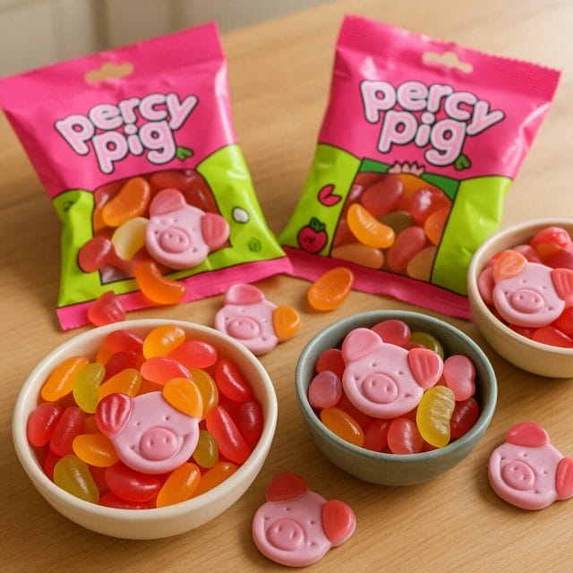 A close up photorealistic image of assorted Percy Pig sweets poured from colourful packets into small bowls on a kitchen table, showing soft glossy fruit gums in pig shapes, vibrant fruit colours, natural lighting, and a casual snack tasting setup.