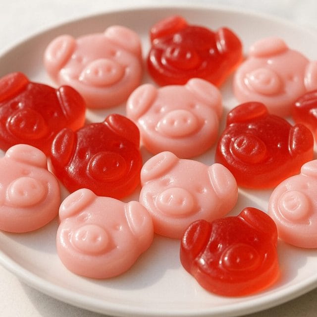 A photorealistic close view of soft pink and red pig shaped fruit gummies with a glossy juicy texture on a white plate, shallow depth of field, bright natural light, and an inviting premium confectionery presentation.