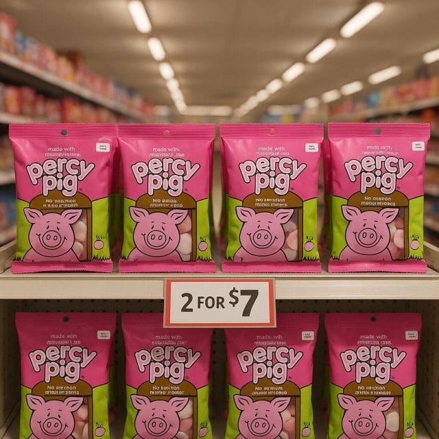 A photorealistic supermarket confectionery aisle in Australia featuring brightly coloured Percy Pig lolly packs displayed on a Coles shelf with clear price signage showing 2 for 7 dollars, soft overhead lighting, realistic packaging details, and a casual everyday shopping atmosphere.