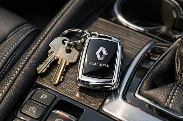 A photorealistic image of a finished Renault Koleos key fob in a silver cover attached to a key ring with house keys, resting on a car centre console, with realistic materials, soft shadows, and natural automotive interior detail.