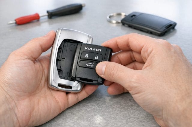 A photorealistic step by step scene of hands inserting a Renault Koleos key fob into the front half of a silver replacement cover on a clean workbench, with realistic reflections, soft daylight, and clear detail on the plastic shell.