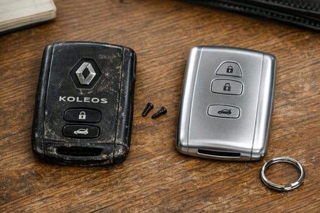 A photorealistic close up of a worn Renault Koleos key fob on a wooden desk beside a new silver replacement fob cover, small screws, and a key ring, with natural indoor lighting and realistic texture detail.