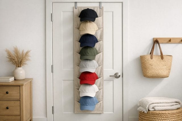 A realistic home organisation scene featuring multiple baseball caps hanging vertically on a fabric hat rack organiser, displayed neatly against a light coloured door in a minimalist room, with balanced composition and natural shadows.