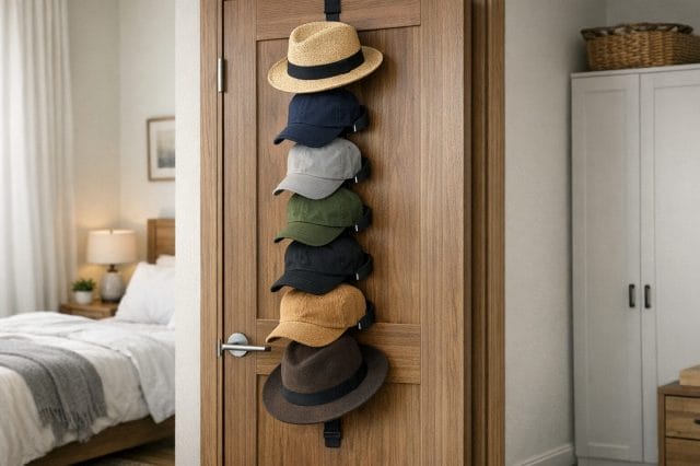 A photorealistic indoor scene showing a vertical fabric hat rack hanger mounted behind a modern wooden door, holding several different caps and hats in a tidy arrangement, with soft natural lighting, realistic textures, and a clean organised bedroom background.