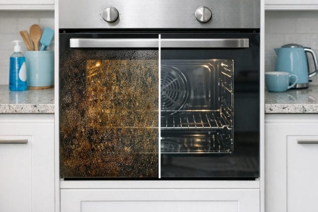 A photorealistic before and after style kitchen scene showing an oven door half covered in baked on grease and half cleaned to clear glass, modern white kitchen, subtle blue branded accents, realistic lighting and reflections, high detail home cleaning editorial photography, not AI generated