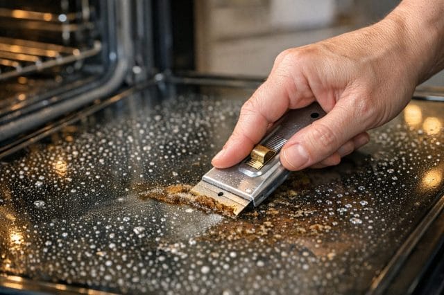A photorealistic close up of a hand carefully using a metal scraper on an oven glass door with a light mist of water, visible grease residue lifting away, realistic kitchen reflections, natural indoor lighting, safe and careful posture, premium home maintenance photography style, not AI generated