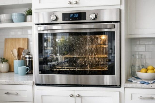 A photorealistic modern home kitchen with a built in oven featuring a visibly greasy glass door, bright natural lighting, clean white cabinetry, subtle blue accents inspired by a modern entrepreneurial brand, realistic reflections on the oven glass, tidy countertop styling, and a professional lifestyle photography look, not AI generated