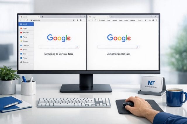 A photorealistic workspace scene with a widescreen monitor showing Google Chrome switching between vertical and horizontal tabs, realistic hand on a mouse, clean desk setup, white and blue branding elements, natural shadows, modern professional entrepreneur atmosphere, and subtle inclusion of the Marco Tran logo on a desk accessory.
