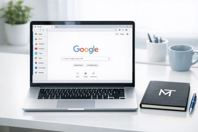 A photorealistic modern laptop on a clean white desk displaying Google Chrome with vertical tabs open on the left side, natural daylight, minimal entrepreneurial workspace, subtle blue accents matching a modern personal brand, realistic reflections, sharp screen detail, and the Marco Tran white logo displayed tastefully on a dark notebook beside the laptop.