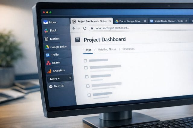A photorealistic close up of a computer screen showing a web browser with neatly arranged vertical tabs, multiple productivity websites open, realistic user interface details, soft office lighting, clean modern desk environment, blue and grey brand colours, and a subtle entrepreneurial tech workspace aesthetic.
