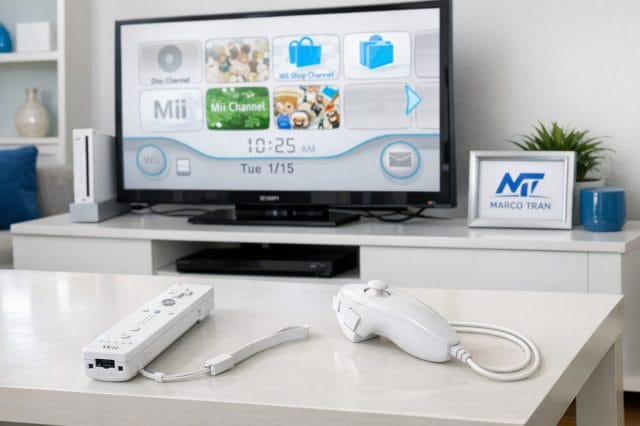 A photorealistic family friendly entertainment setup with a Nintendo Wii connected by HDMI to a modern television, Wii Remote and Nunchuk on a neat coffee table, bright clean room with contemporary styling, white and blue tech inspired colour accents, and the Marco Tran logo subtly visible on a framed desk print nearby, make the photo realistic and not AI Generated