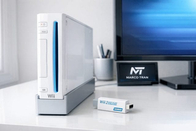 A photorealistic close up of a Nintendo Wii console on a clean white desk beside a modern flat screen television, with a compact Wii to HDMI adapter placed next to the console, soft natural lighting, minimalist tech setup, subtle blue accents inspired by a modern personal brand, and the Marco Tran white logo displayed tastefully on a small monitor in the background.