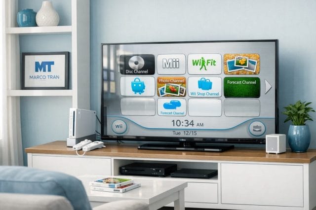 A photorealistic living room scene showing a Nintendo Wii connected to a large modern HDMI television displaying the Wii home menu at 720 quality, with a family friendly entertainment setup, realistic reflections on the screen, clean cable management, bright natural indoor light, minimalist blue and white styling, and the Marco Tran logo subtly displayed on a framed print on a nearby shelf.
