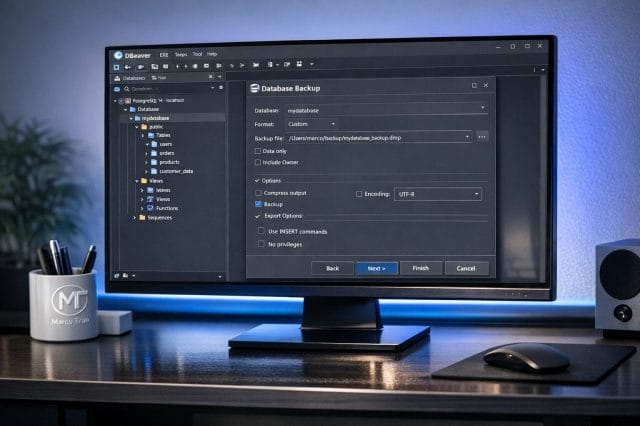A photorealistic desktop screen showing DBeaver open with a PostgreSQL database tree expanded, visible schemas and tables, a backup tool window preparing to export data, clean modern workspace with blue accent lighting, realistic reflections on the monitor, and subtle Marco Tran brand styling with the white logo displayed discreetly on a desk accessory.
