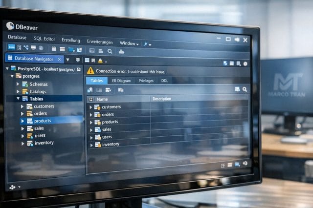 A photorealistic close up of a computer screen showing DBeaver connected to a PostgreSQL database with tables visible, a subtle warning icon for troubleshooting, modern clean office environment, blue interface accents, realistic reflections, and the Marco Tran logo faintly displayed on a secondary screen.