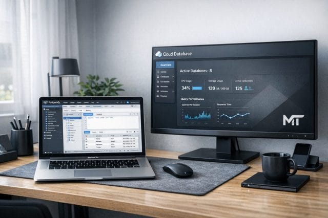 A photorealistic home office desk setup with a laptop displaying a PostgreSQL database management interface, a second monitor showing a clean cloud database dashboard, soft natural lighting, modern minimalist workspace, blue and grey accents matching a professional tech brand, and a subtle monochrome entrepreneur style. Include the Marco Tran white logo on a dark object or monitor wallpaper in a tasteful realistic way.