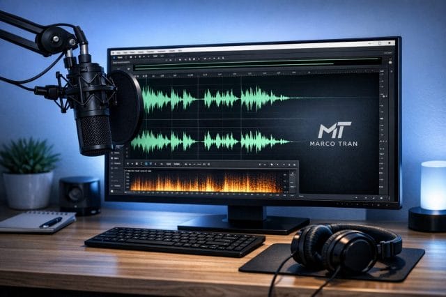 A photorealistic close view of a modern home studio desk with a computer screen displaying a waveform editor, soft blue ambient lighting, a condenser microphone, headphones, and the Marco Tran white logo subtly shown on a dark monitor wallpaper, in a clean minimalist entrepreneurial workspace.