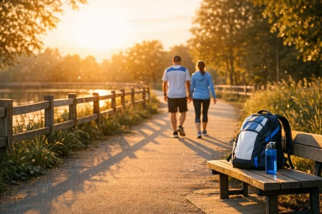 A photorealistic golden hour outdoor scene showing a peaceful walking path lit by warm sunlight, with soft long shadows, subtle floating dust in the air, and a calm reflective atmosphere symbolising a sun soaked trail left behind, styled in clean modern tones with blue accents in clothing details.