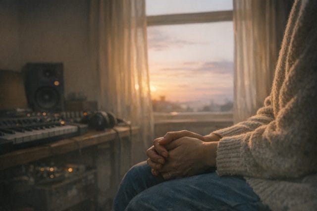 A photorealistic intimate interior scene of someone sitting beside a softly lit window at dawn, hands gently clasped, with muted colours fading in the room, subtle music production equipment in the background, and a calm emotional atmosphere of remembrance and grace.