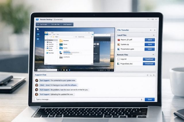 A photorealistic close view of a support session in progress on a laptop screen inside a clean minimalist office, showing a remote desktop window, file transfer panel, and chat area in a realistic browser interface, with blue and grey accents, soft daylight, and a polished modern entrepreneur aesthetic.