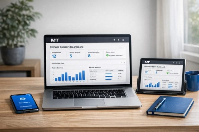 A photorealistic modern workspace with a laptop open to a clean remote support dashboard in a web browser, a smartphone and tablet beside it, soft natural lighting, minimal desk setup, blue accent elements inspired by #3379fc and #0684ce, and a subtle Marco Tran style branding feel with a monochrome logo visible on the laptop screen header, professional and realistic rather than staged or AI looking.