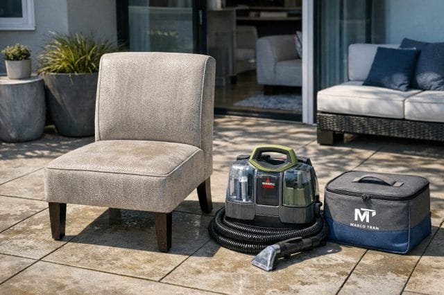 A photorealistic outdoor scene of a freshly cleaned upholstered chair drying in warm sunlight on a patio, subtle dampness visible on the fabric, a portable spot cleaner nearby with hose neatly wrapped, bright natural light, clean modern home setting with restrained blue and grey accents and a small Marco Tran white logo on a storage case, realistic shadows and textures, not AI generated.