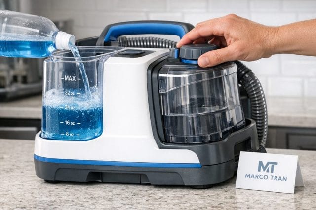 A photorealistic close up of a portable upholstery cleaning machine being filled with cleaning solution at a kitchen bench, visible liquid measurement markers, a hand twisting the solution tank into place, clean modern surroundings with white, grey, and blue branding accents, and the Marco Tran white logo subtly displayed on a nearby product card, realistic lighting and textures, not AI generated.