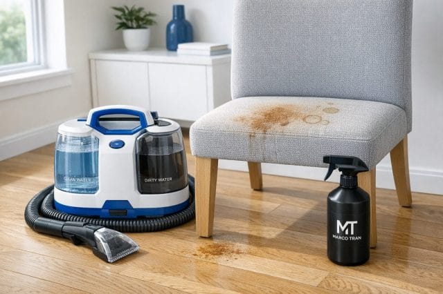 A photorealistic modern home cleaning setup featuring a portable spot cleaner on a light wooden floor beside a fabric dining chair with visible stains, bright natural daylight from a nearby window, minimal modern interior styling, clean white and blue accents inspired by a personal technology and lifestyle brand, with a subtle placement of the Marco Tran white logo on a dark cleaning bottle label, realistic textures, sharp detail, natural shadows, not AI generated.