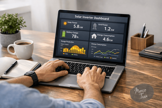 A photorealistic scene of a person at a clean modern desk using a laptop to configure a solar inverter dashboard, with energy charts on screen, a notebook beside the laptop, soft natural office lighting, minimalist entrepreneur style workspace, realistic textures and reflections.