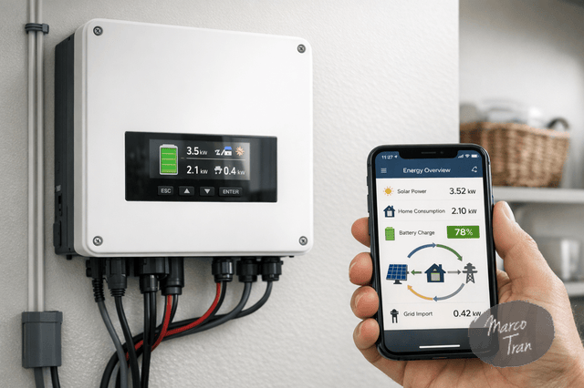 A photorealistic close up of a modern hybrid solar inverter mounted on a clean white wall in a home utility area, with a smartphone in hand displaying an energy management app, natural lighting, realistic reflections, cables neatly arranged, contemporary residential setting, make the photo realistic and not AI Generated