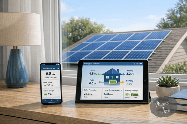 A photorealistic home energy setup with solar monitoring on a phone and tablet beside a window, visible rooftop solar panels outside, clean minimalist interior, blue and neutral tones, realistic lighting and textures, make the photo realistic and not AI Generated