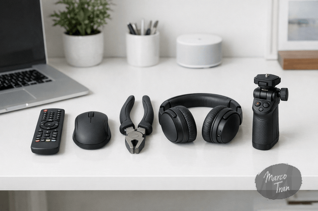 A photorealistic collection of everyday rubber coated items including a remote control, computer mouse, handheld tool, headphones, and camera grip arranged neatly on a bright white desk in a modern home office, realistic lighting and textures, not AI generated