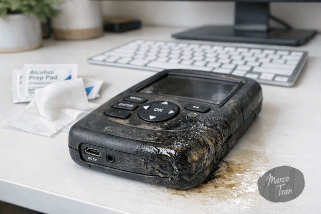 A photorealistic close up of an old rubber coated electronic device on a white desk, with part of the surface looking sticky and glossy from degradation, next to alcohol wipes and a clean modern workspace, natural lighting, realistic textures, not AI generated