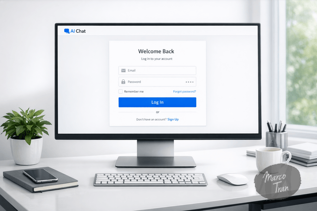 A clean modern login screen for a self hosted AI chat platform on a white background with blue accents, minimal dashboard styling, subtle branding in the top corner, and a professional digital workspace aesthetic, photorealistic computer monitor on a tidy desk with natural light.