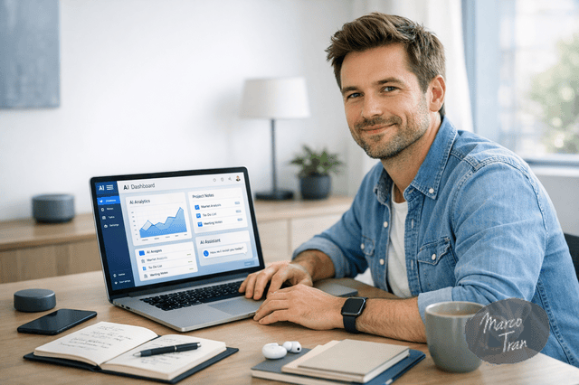 A modern entrepreneur working at a minimalist desk with a laptop showing an AI dashboard, notes and folders on screen, blue and white interface elements, natural daylight, clean workspace with subtle tech accessories, authentic personal brand style, professional but approachable mood.