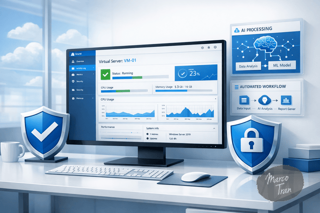 A photorealistic secure cloud computing scene with an Azure style virtual server dashboard, shield icons, AI workflow panels, and a clean white and blue modern interface, minimal corporate workspace, trustworthy and professional entrepreneurial visual style.