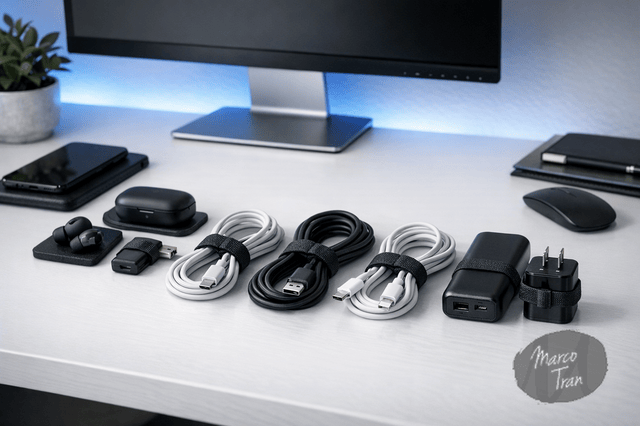 A photo realistic image of a clean modern desk setup with black reusable cable ties neatly organising USB cables, charging leads, and small tech accessories, with a white desk surface, blue accent lighting, a minimalist entrepreneur workspace style, and a professional blog photography look.