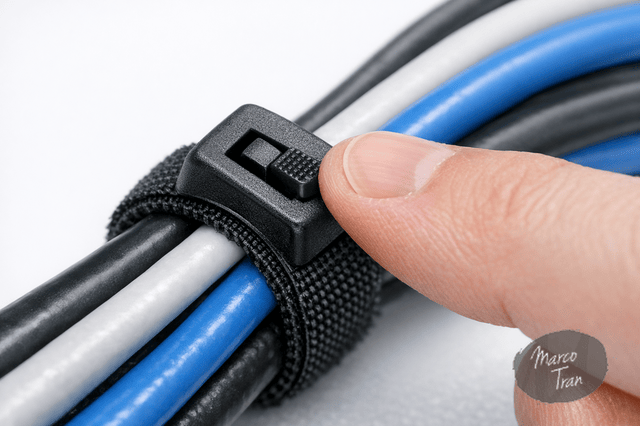 A photo realistic close up image of a hand pressing the small release lever on a black reusable cable tie wrapped around several computer cables, with the cable tie head in sharp focus, a clean white and grey background, subtle blue highlights, and a practical product review style.