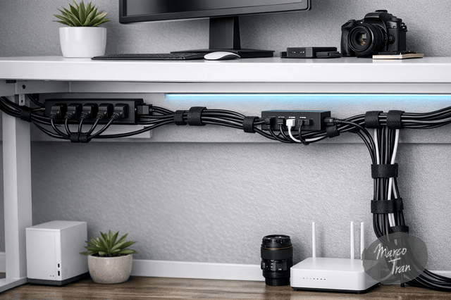 A photo realistic image of a neat home office cable management setup under a desk, with reusable black cable ties grouping power cords and USB leads, a clean white desk, grey walls, a subtle bright blue accent strip, and a modern personal brand blog style.