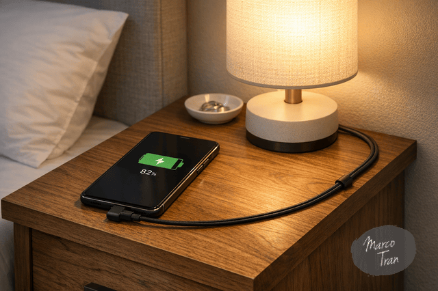 A photorealistic bedside scene with a smartphone charging via a right angle USB C cable on a wooden nightstand, warm evening lamp light, minimal modern bedroom, cable routed neatly to the side, realistic shadows and materials, clean lifestyle tech photography.