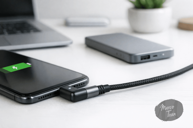 A photorealistic close up of a modern USB C right angle charging cable connected to a smartphone on a clean white desk, with soft natural lighting, a power bank nearby, and a minimal tech workspace in the background, styled in a simple modern entrepreneur aesthetic.