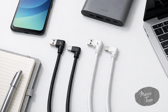 A photorealistic flat lay of two USB A to USB C right angle cables beside a smartphone, power bank, notebook, and laptop on a bright white desk, with realistic textures, modern clean branding colours, and a natural editorial tech review style.