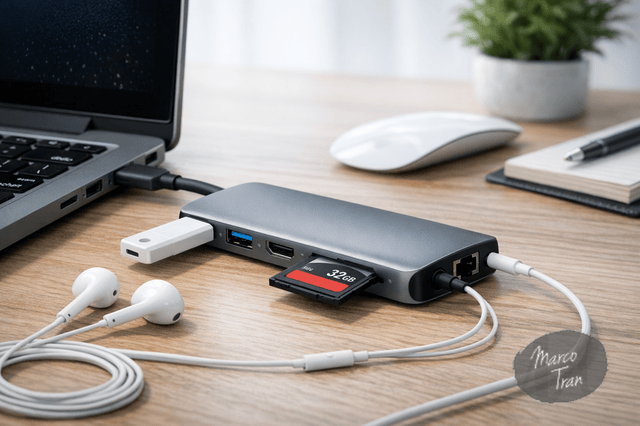 A photorealistic image of an 8 in 1 USB adapter connected to a laptop with visible USB ports, an SD card partially inserted, wired earphones attached, and a neat modern desk setup, bright natural light, sharp detail, realistic materials, and a clean technology blog style.