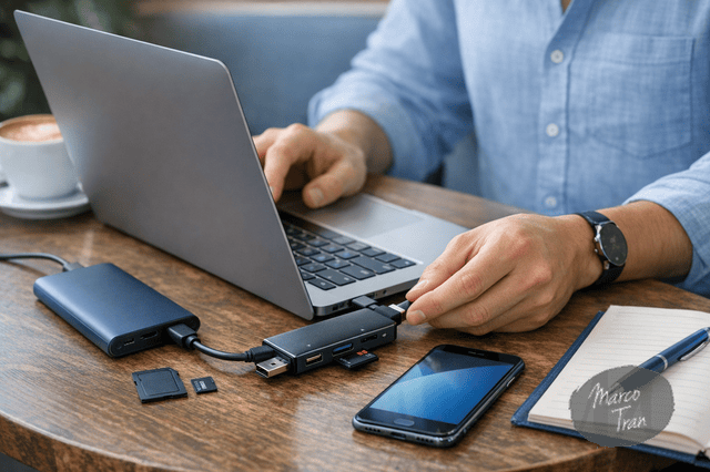 A photorealistic image of a person using a compact USB adapter during mobile work, seated at a café table with a laptop, smartphone, power bank, memory cards, and notebook, modern natural lighting, realistic skin tones and materials, minimal professional entrepreneur vibe with subtle blue accents.