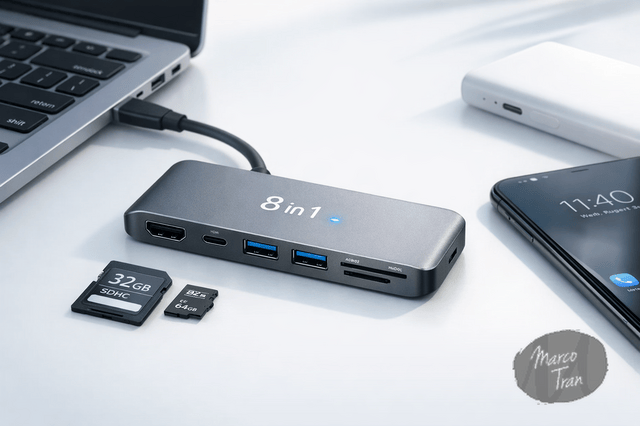 A photorealistic close up image of a compact 8 in 1 USB adapter placed on a clean white desk beside a modern laptop, smartphone, SD cards, and a power bank, with soft natural lighting, minimal workspace styling, and a modern tech review aesthetic using subtle blue accents.