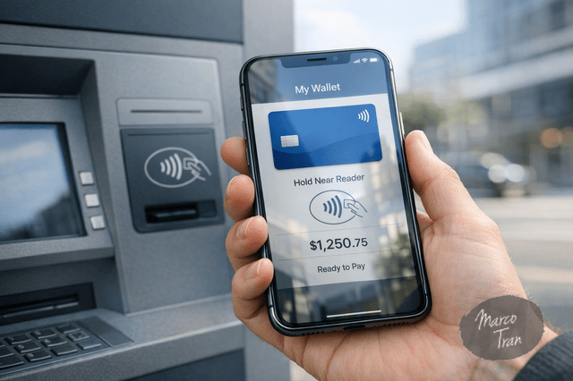 A photorealistic close up of a modern smartphone held in one hand at an outdoor ATM in Australia, showing a digital wallet ready for contactless payment, with a clean urban background, natural daylight, realistic reflections on the phone screen, minimalist personal finance aesthetic, colours featuring subtle blue accents and neutral greys.