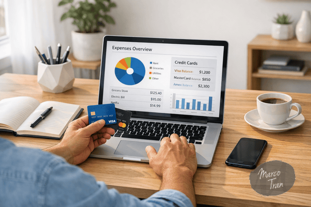 A photorealistic image of a person reviewing bank cards and expenses on a laptop at a tidy home desk, with a notebook, smartphone, soft daylight, and a modern minimalist entrepreneurial workspace.