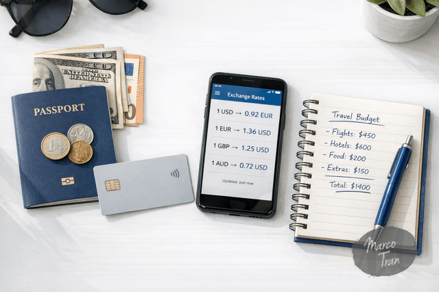 A photorealistic flat lay of multiple travel money tools on a clean white desk, including a minimalist bank card, a passport, a smartphone showing exchange rates, and a notebook with budgeting notes, shot in soft natural light with realistic textures, subtle blue and grey colour accents, modern personal finance blog style.